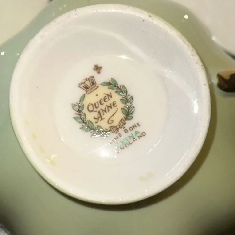 Vintage Queen Anne Fine Bone China Teacup, Saucer, & Tea Plate Trio Pastel green